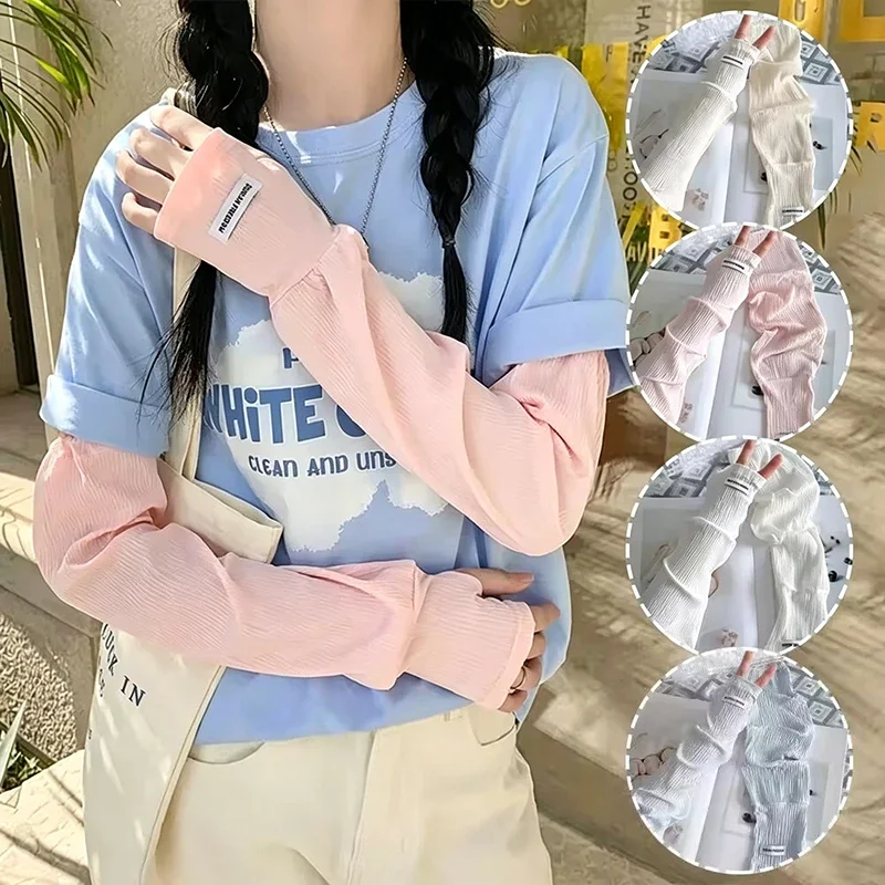 Fingerless Glove Knit - 夏用ルーズアイスシルクUVカットスリーブ、フィンガーレスグローブ、通気性日焼け止めハンドスリーブ、女性用アウトドアライディングアームカバー