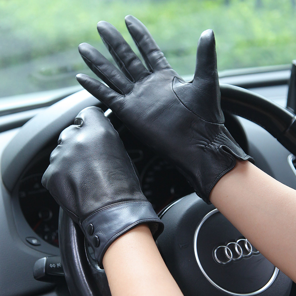 Wool Glove Lined - ファッション黒本革手袋女性秋冬サーマルウールニット裏地運転女性シープスキン手袋 L168NZ