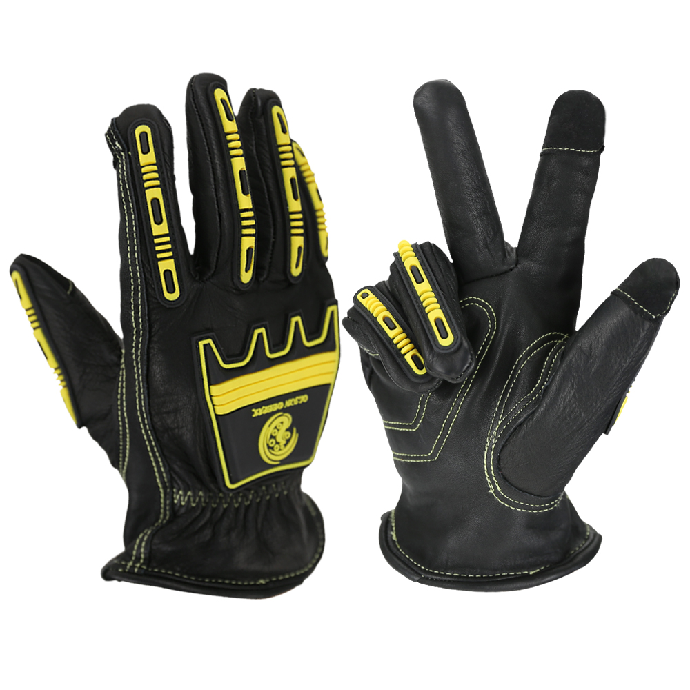 Work Glove Impact - インパクトレザーワークグローブ、ウィンターブラックセーフティドライバーオートバイヘビーデューティー耐久性牛革ワーキンググローブbyolson deepak
