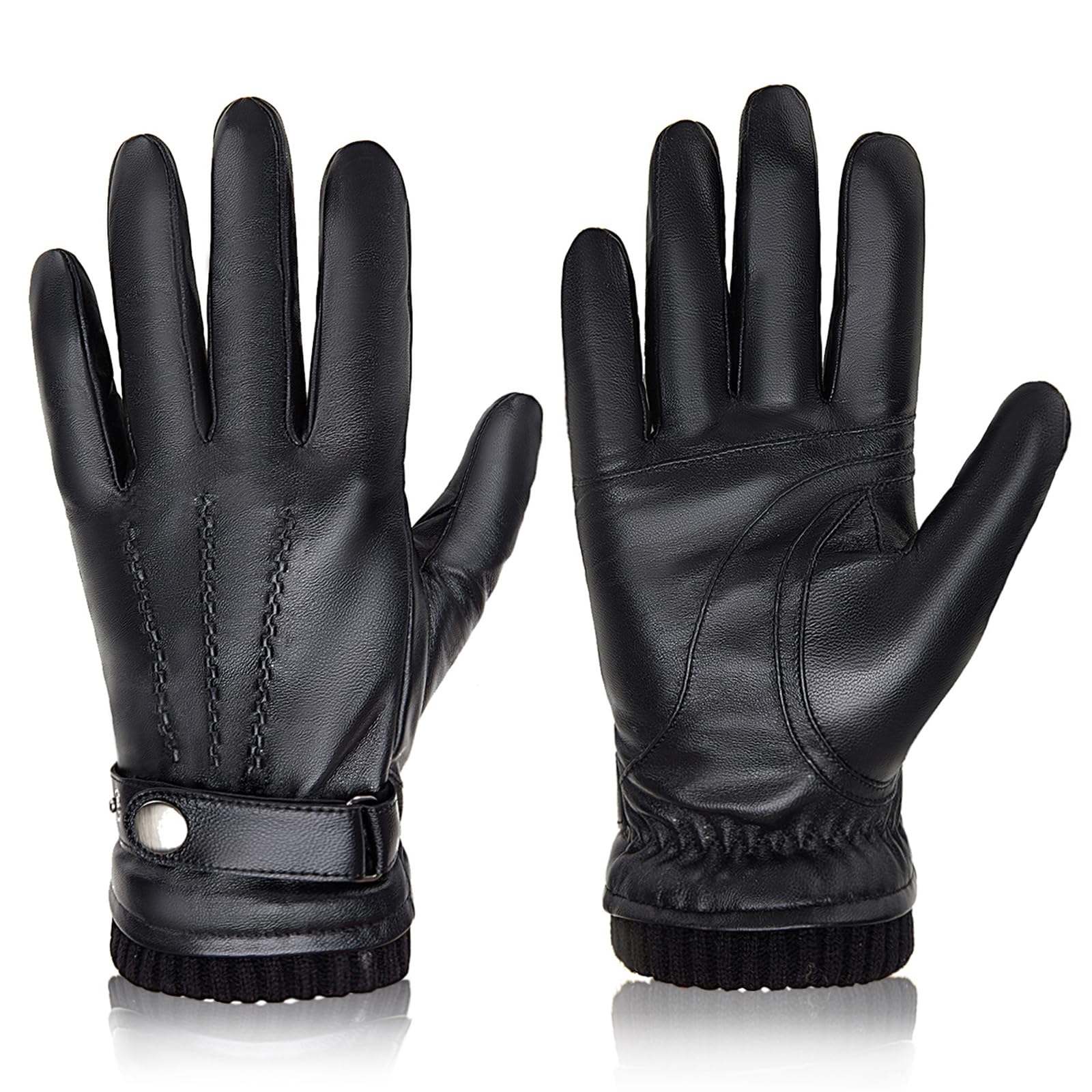 Leather Driving Glove - バイソンデニムメンズシープスキン手袋ファッションカシミヤ裏地付きタッチスクリーンフルフィンガーミトン冬暖かい乗馬運転用手袋