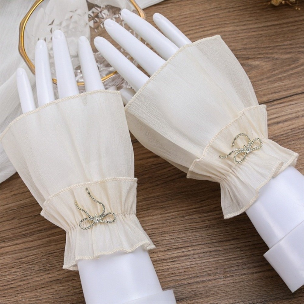 Fingerless Glove Knit - シャーリングプリーツ付き取り外し可能なカフスフィンガーレスグローブネイルアートアクセサリーレースフェイクスリーブカフスクリスタルボウシフォンスリーブ