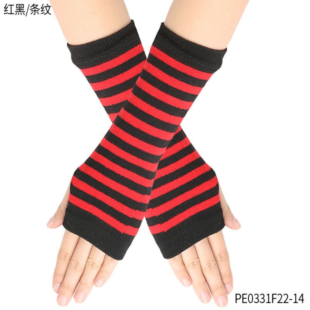 Fingerless Glove Knit - PESENAR レッドブラックストライプフィンガーレスグローブ ニットアームウォーマー ハロウィンコスプレやパーティー用