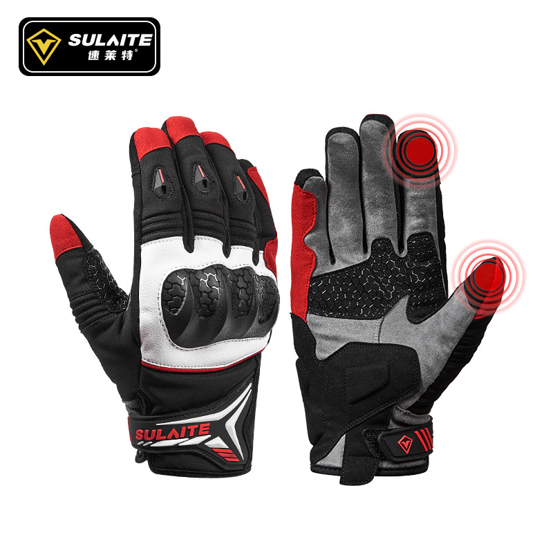 Motorcycle Glove Knuckle - SULAITE オートバイグローブ男性女性冬用タッチスクリーン TPU ナックルシェルアンチスリップパーム調節可能な手首ライディングギアレッドブラック