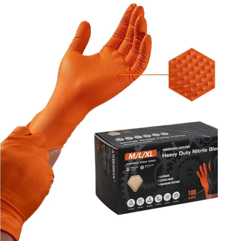 Nitrile Mechanic Glove - 8ミルヘビーデューティーオレンジニトリルグローブ使い捨てダイヤモンドテクスチャグリップ安全作業用手袋工業用メカニックグローブラテックスフリー