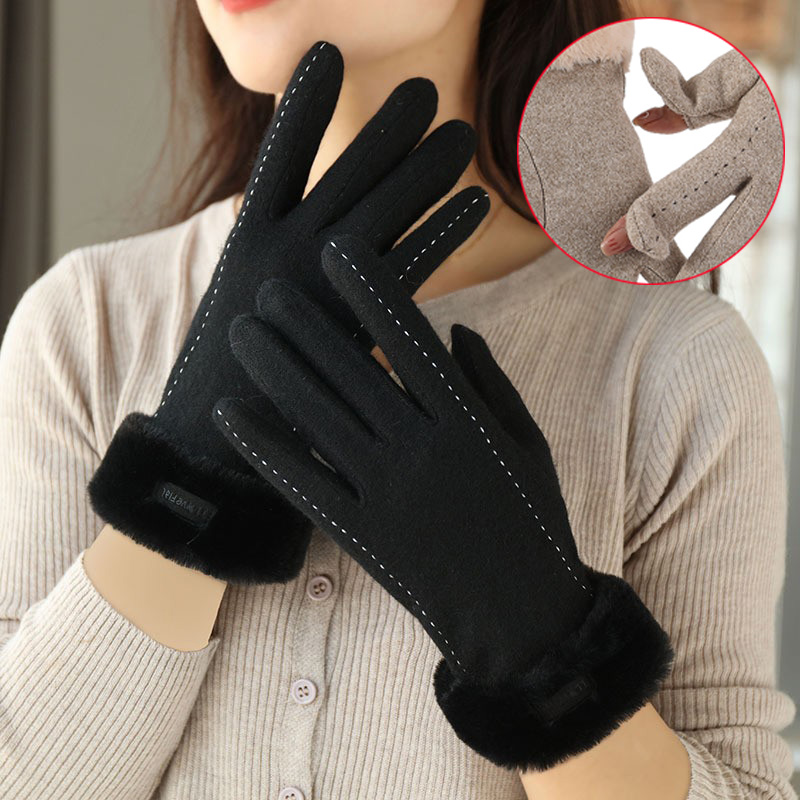 Wool Glove Lined - 女性用フリース裏地付きタッチスクリーングローブ、ミトン、フリップトップ、指先、暖かい、防風、寒い天候、運転、サイクリング、冬