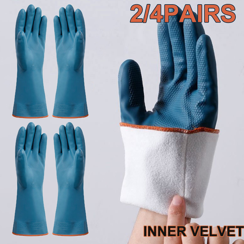 Rubber Glove Cleaning - 2/4 ペア防水手袋フリース厚いクリーニング手袋家庭用浴室キッチン手保護手袋クリーニングツール