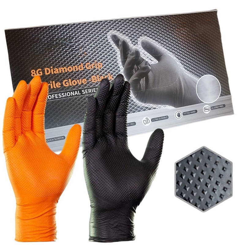 Nitrile Mechanic Glove - 8ミル厚のヘビーデューティー安全作業用手袋、ダイヤモンドテクスチャの黒とオレンジのニトリル手袋、使い捨て工業用自動車整備用手袋