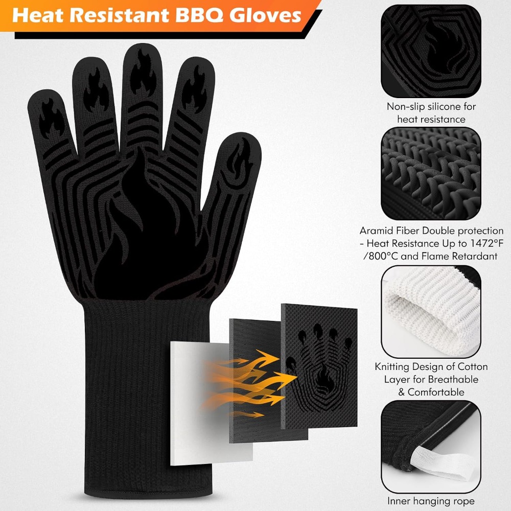 Heat Resistant Glove - バーベキューグローブ、1472 ° F耐熱手袋、防火ミット、グリル用手袋、シリコン製滑り止め洗えるオーブン用手袋、バーベキュー、グリル、調理、ベーキング、キャンプ、スモーカー用キッチン用手袋（ブラック）