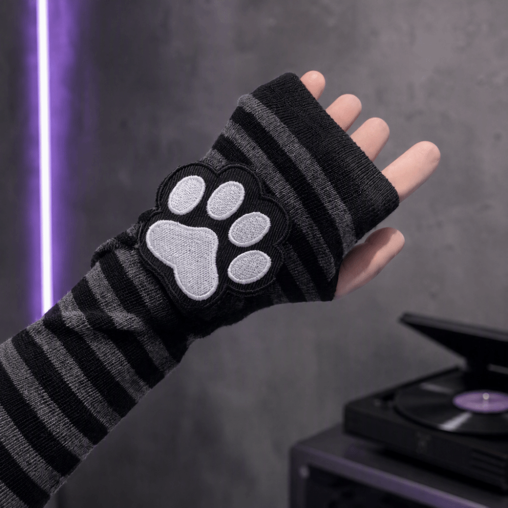 可愛い猫の爪模様のストライプ柄フィンガーレスグローブ、黒のロ - Fingerless Glove Knit のレビューと価格