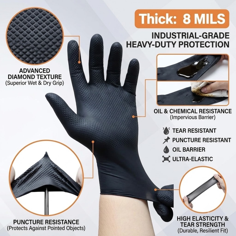 ヘビーデューティーブラック工業用ニトリル手袋使い捨て8ミルダ - Nitrile Mechanic Glove のレビューと価格