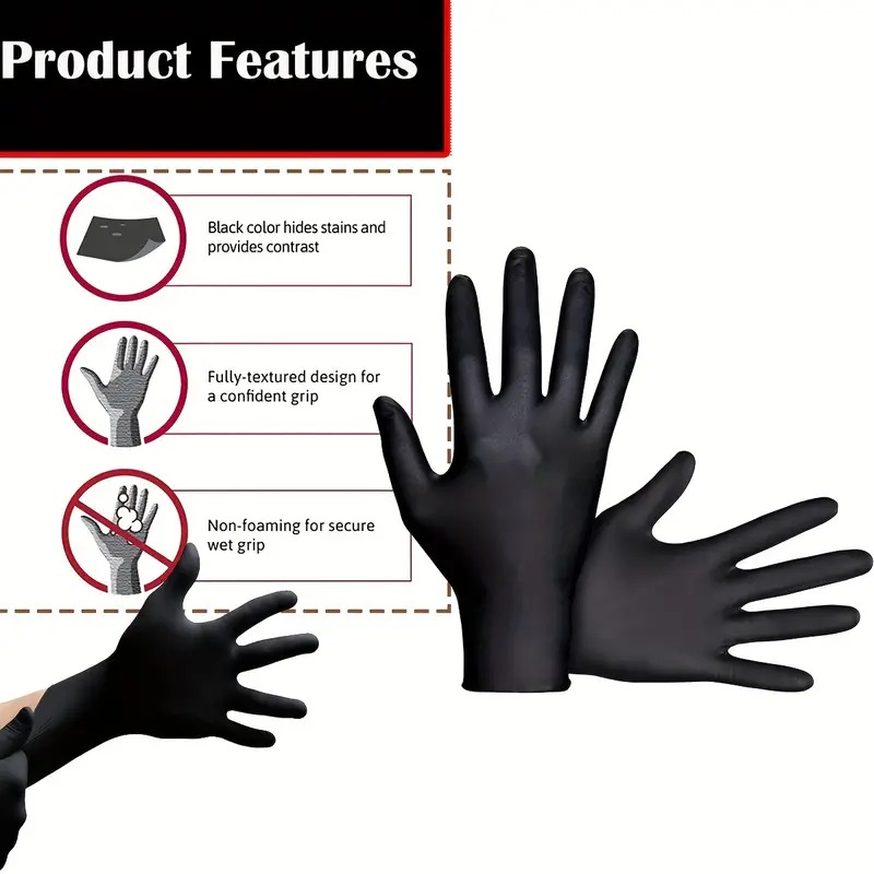 黒の使い捨てニトリル手袋、厚手で耐久性のある家庭用清掃用手袋 - Nitrile Mechanic Glove のレビューと価格