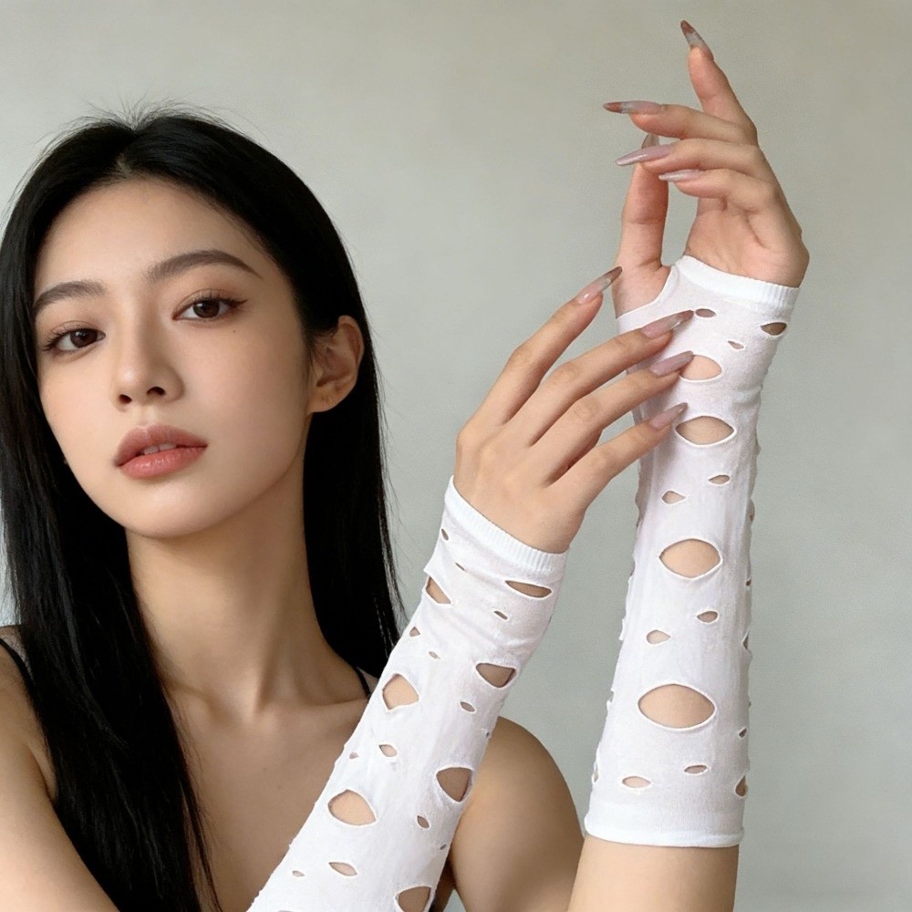 スリーブカバー リップドアームウォーマー ブラック中空フィン - Fingerless Glove Knit のレビューと価格