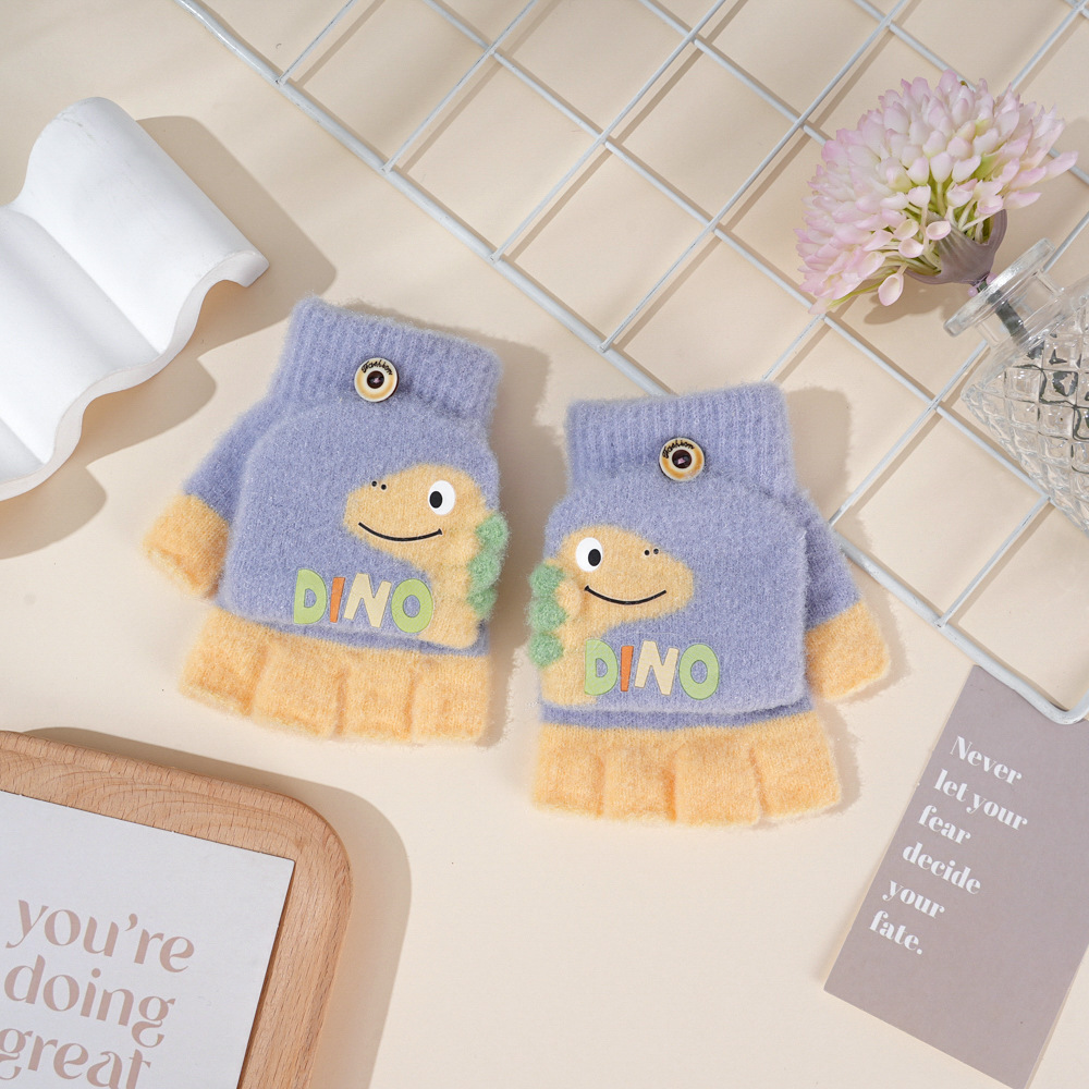 冬用ニットのかわいい恐竜柄幼稚園用ハーフフィンガーフラップ付 - Winter Glove Insulated のレビューと価格
